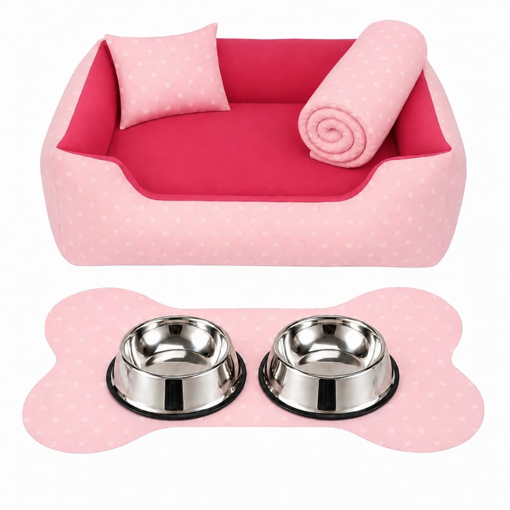 Kit Cama Caminha Pet Cachorro 6 Peças  02 Comedouro Inox - Tamanho P M G