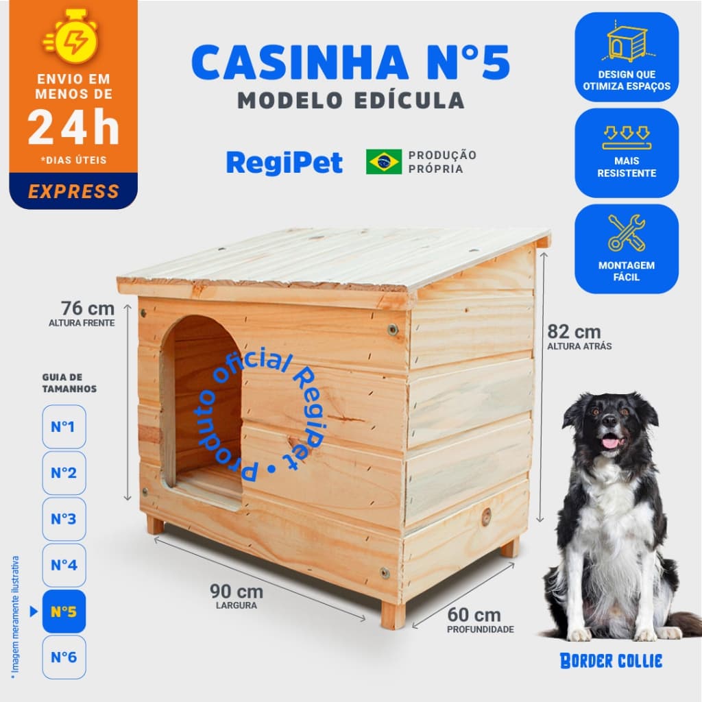 Casinha para Cachorro de Madeira Pinus N 5 (Reforçada)  Modelo Edícula RegiPet  Border Collie e Australian Shepherd