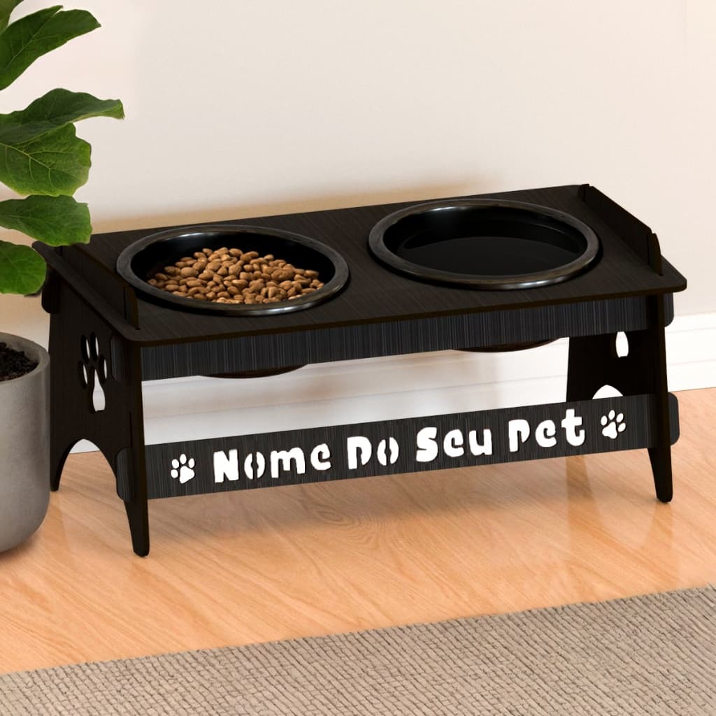 Comedouro PERSONALIZADO Com Nome Para Pets Pequenos De Madeira Com 2 Potes De Plástico