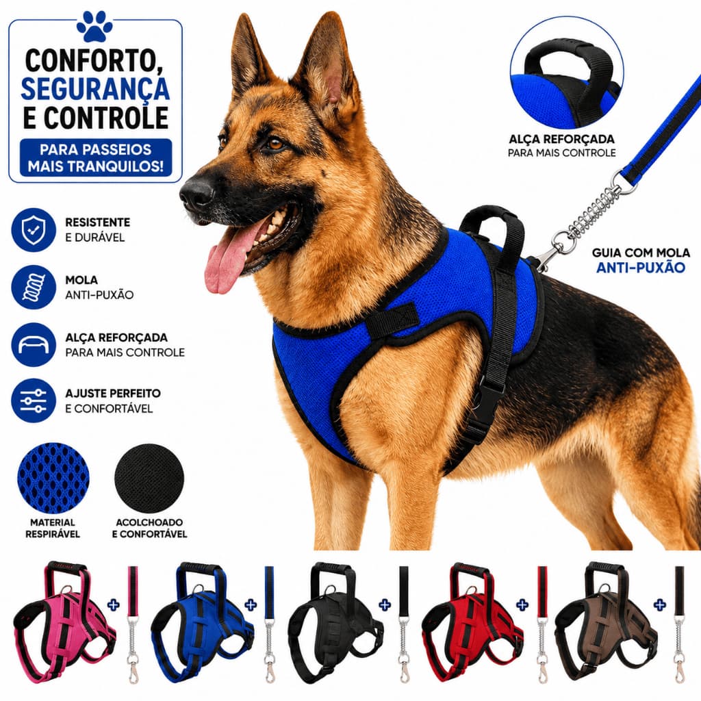Peitoral para Cachorro Grande com Guia Antipuxão Regulável  Pitbull, Rottweiler, Doberman e Raças Fortes