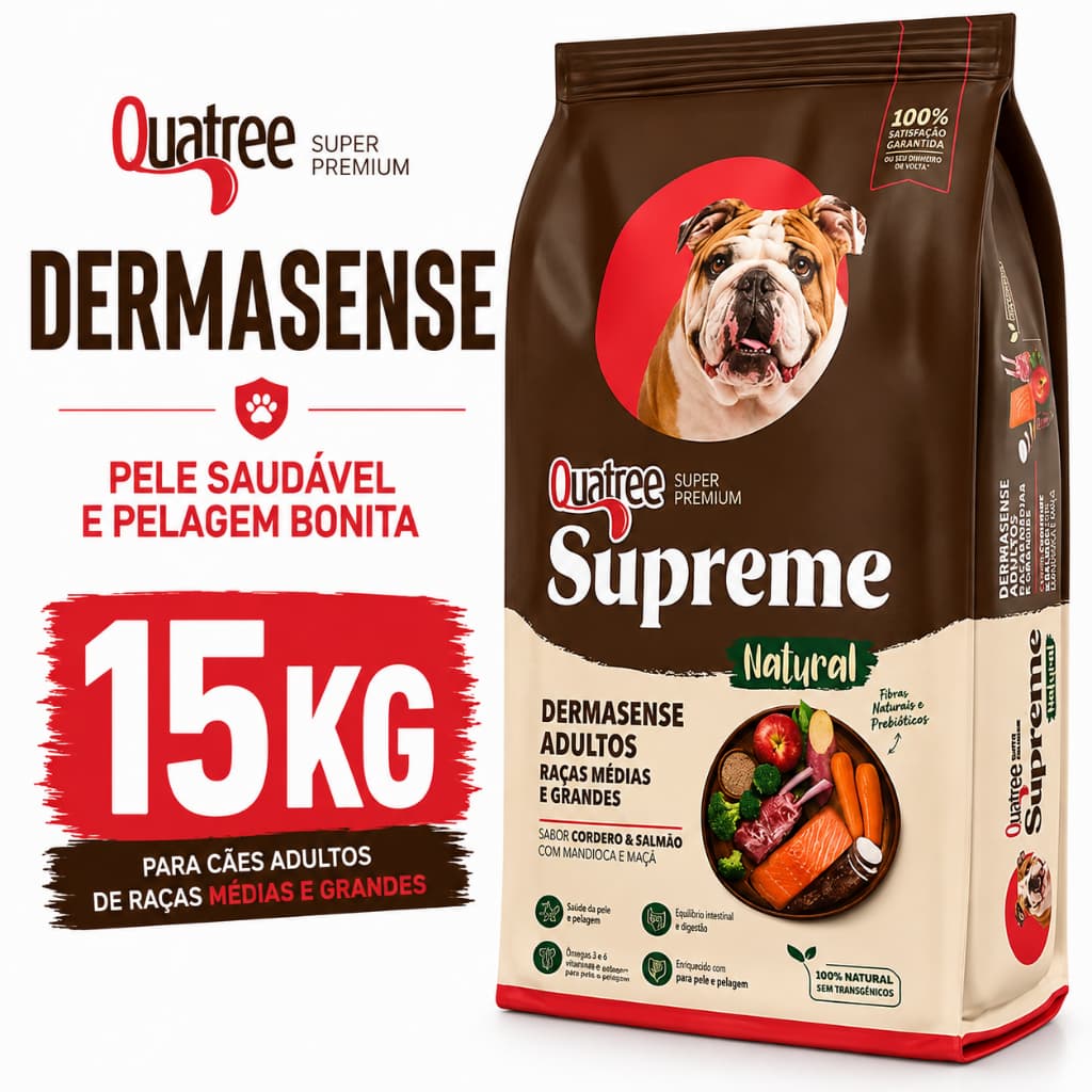 Ração Quatree Dermasense Quatree Dermato 15kg Cães Adultos Raças Médias e Grandes Envio Rápido