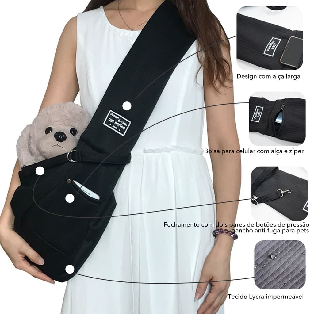 Mochila de Transporte Pet  Bolsa Sling Portátil para Gatos e Cachorros com Alça Ajustável, Viagem e Passeio Confortável