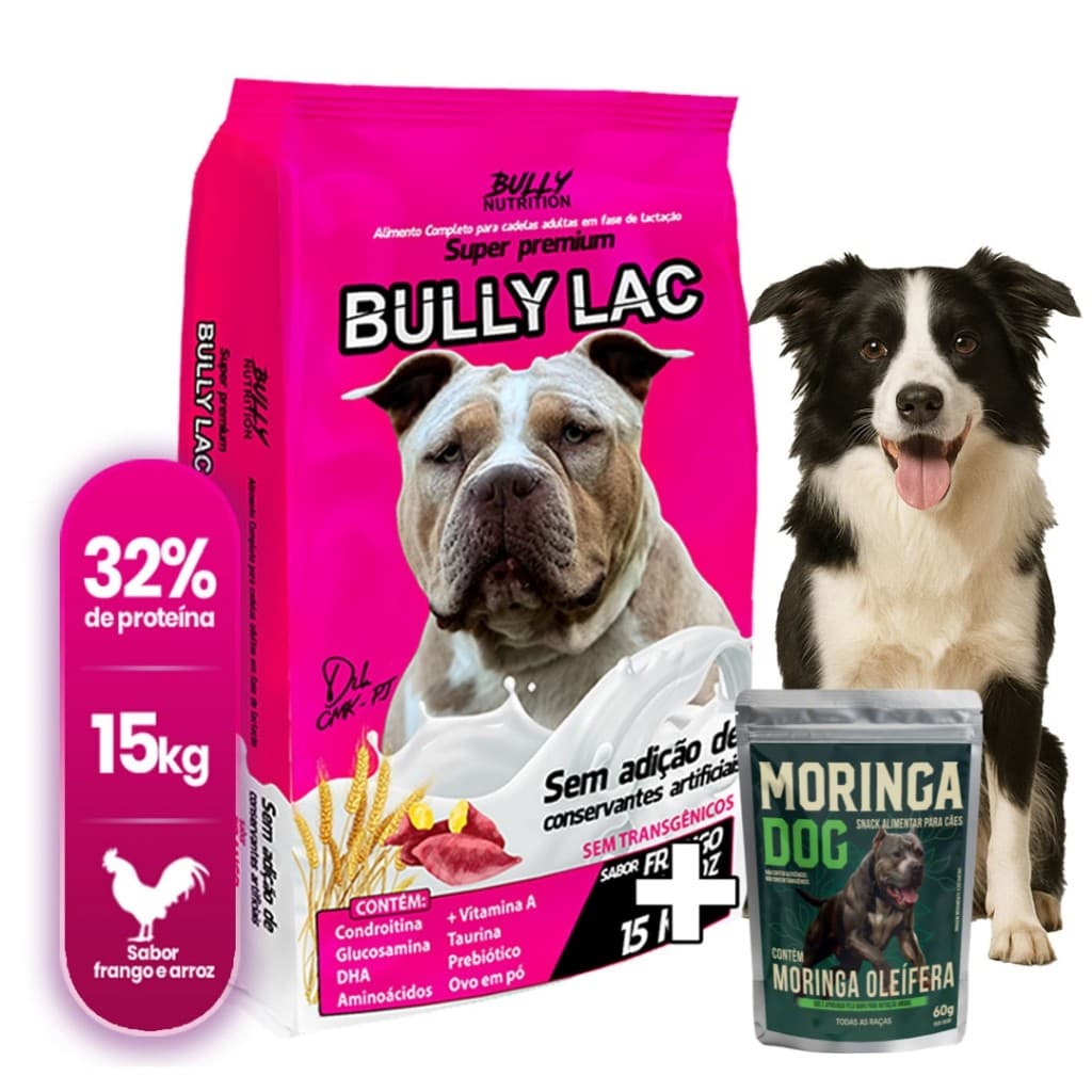 Ração Para Cães em Fase de Lactação Border Collie Bully Lac 15Kg  Ganhe Moringa Dog 60g  Mais Saude