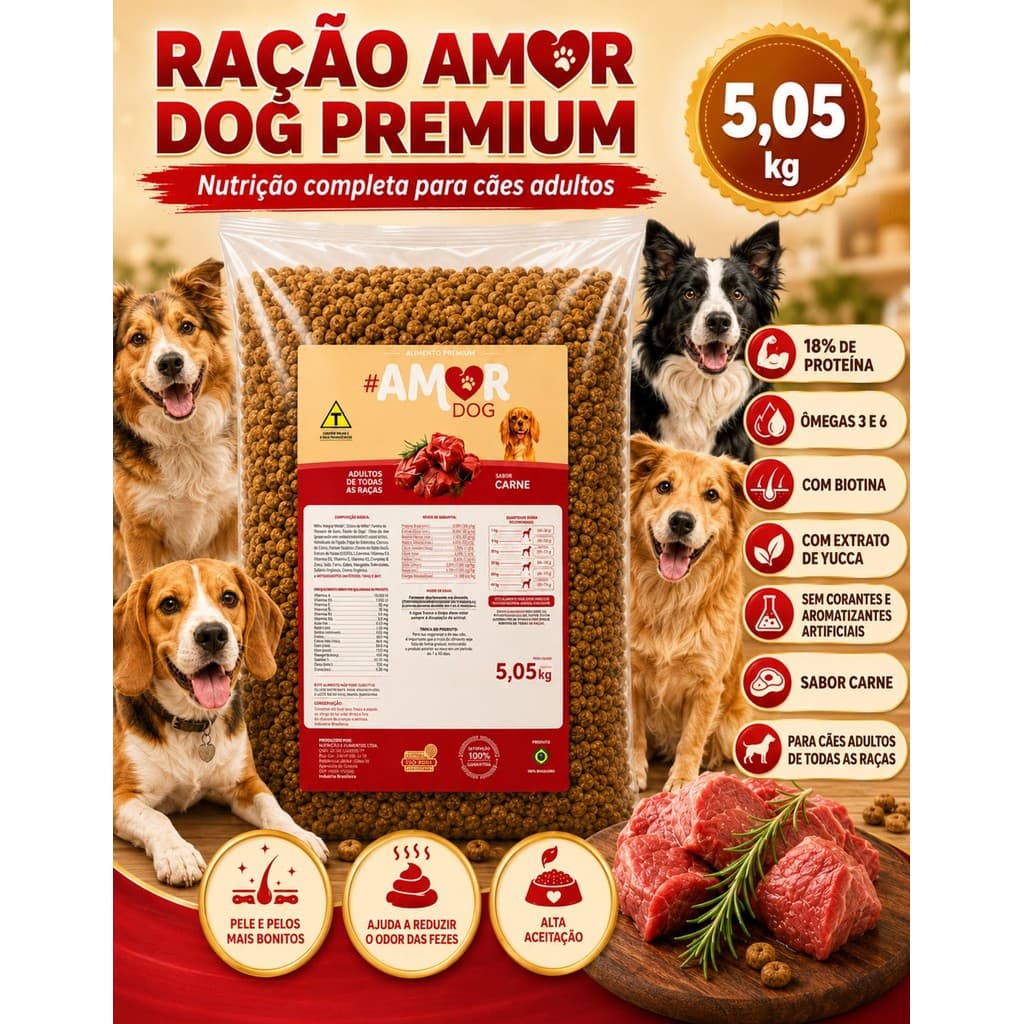 Ração Cachorro Premium 5kg Amor Dog Carne 18 Proteina Adulto Todas Raças