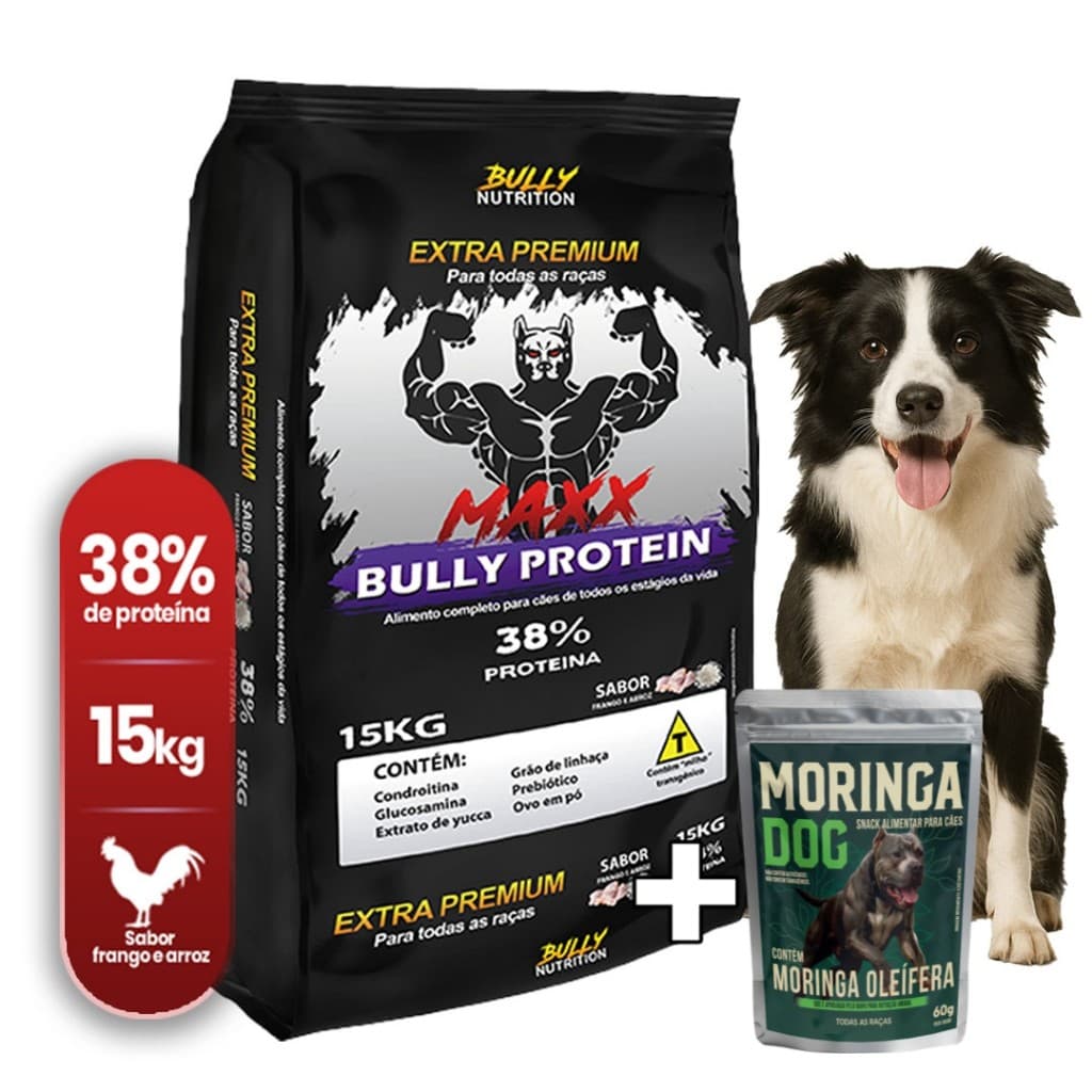 Ração P/ Cães Maxx Protein Extra Premium 15Kg  Moringa Dog 60g Border Collie Cachorro Forte