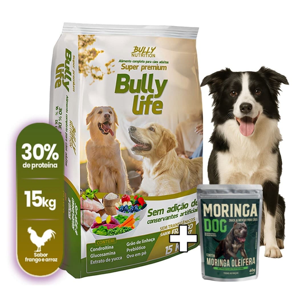 Ração Natural p Cães Border Collie Super Premium Bully Life 15Kg  Ganhe Moringa Dog 60g  Nutrição