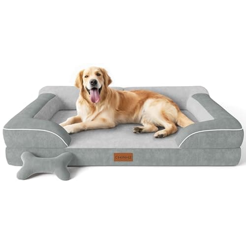 CWAWZ Cama extra grande para cães, cama ortopédica para cães com espuma viscoelástica de gel, impermeável GG com capa lavável removível, sofá de 106 cm de veludo holandês com brinquedo de osso, cinza
