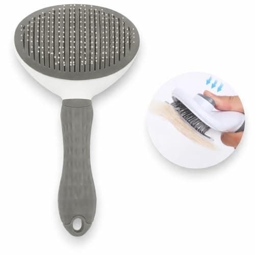 Escova Pet Removedora de Pelos para Cães e Gatos Autolimpante com Cerdas Flexíveis Resistentes e Cabo Anatômico (Cinza)