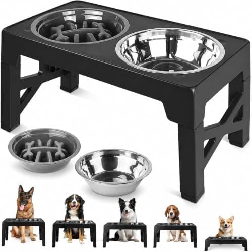 Comedouro Elevado para Cães com Comedouro Lento, 5 Níveis Ajustáveis de Altura com 2 Tigelas, Vasilha para Cachorros com Tigela Anti Engasgo para Filhotes, Adultos e Cães de Médio e Grande Porte