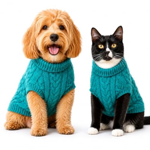 Roupa de Inverno para Gato e Cachorro Suéter de Lã Tricot Pet Quente e Confortável (Ciano, M)