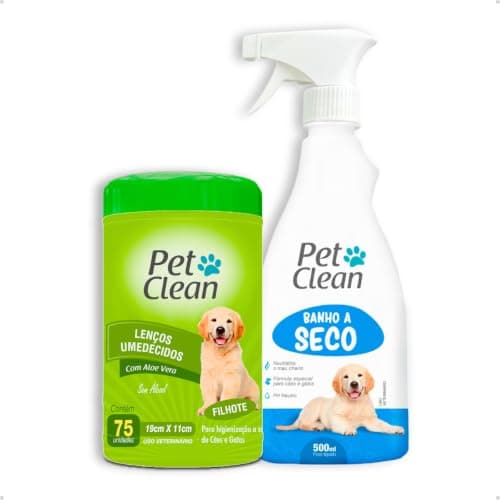 Kit Banho a Seco Sem Enxágue 500ml  Lenço Umedecido 75un para Cachorro e Gato Filhote