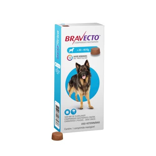 Bravecto 1000mg Comprimido Mastigável Antipulgas e Carrapatos para Cães de 20 a 40kg  1 Comprimido  MSD Saúde Animal