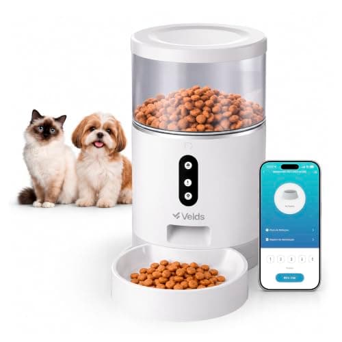 Alimentador Automático Wi-Fi Velds, Comedouro Ração Gatos e Cães, Programação de Porções, Controle por App, Microfone e Alto-falante, Pareamento Rápido Bluetooth, 4L, Branco