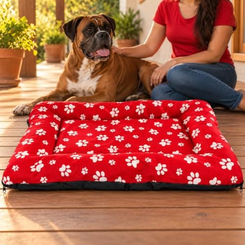 Colchonete G para Cachorro Grande, Almofada Removível com Zíper, 80x60cm, Vermelho com Estampa