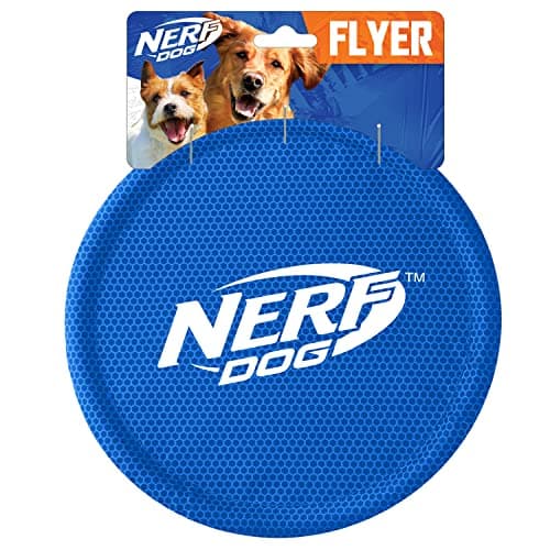 Nerf Dog Brinquedo para cães Flyer de nylon, Frisbee, leve, durável e resistente à água, ótimo para praia e piscina, 23 cm de diâmetro, para raças de médio/grande, unidade única, azul