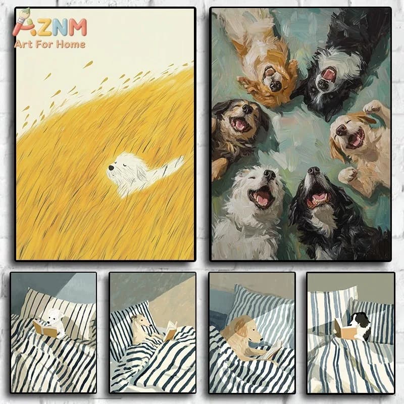 AZNM Pintura a Óleo Cão Feliz Impressão em Tela Cachorro Leitura de Livro na Cama Cão Branco na Grama Dourada Pet Fofo Minimalista Decoração de Casa Quarto