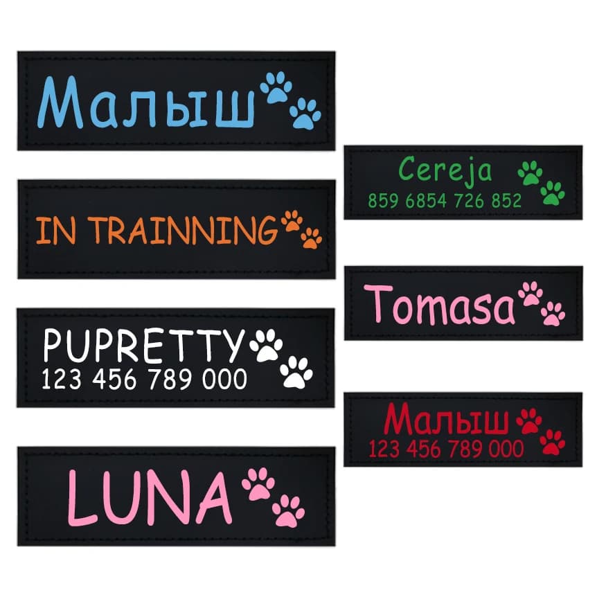 Etiqueta personalizada com nome de cachorro, 2 peças, 6 cores, arnês para animais de estimação, etiquetas personalizadas, adesivos removidos, identificação, cinta peitoral de cachorro, colete, etiquet