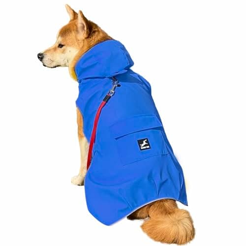 Capa de chuva para cães de tecido não rígido, fácil de correr, caminhadas, impermeável e refletiva para cães de alta energia, poncho de cachorro com capuz, pescoço ajustável, alça de barriga (azul