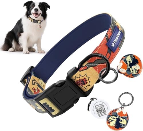 Coleira para Cachorro Médio PawView Sempre Comigo Noite Estrelada com Tag QR Code, Tamanho M 3351 cm, para Border Collie, Beagle, Australian Shepherd e SRD Médio Ativo
